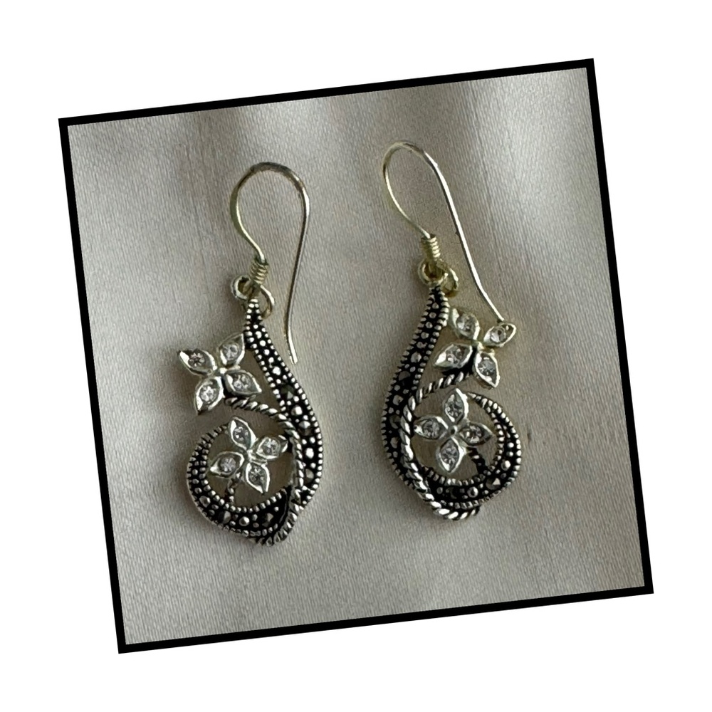 Butterfly Swirl Black Sterling Silver Dangle Elegant Floral Earrings